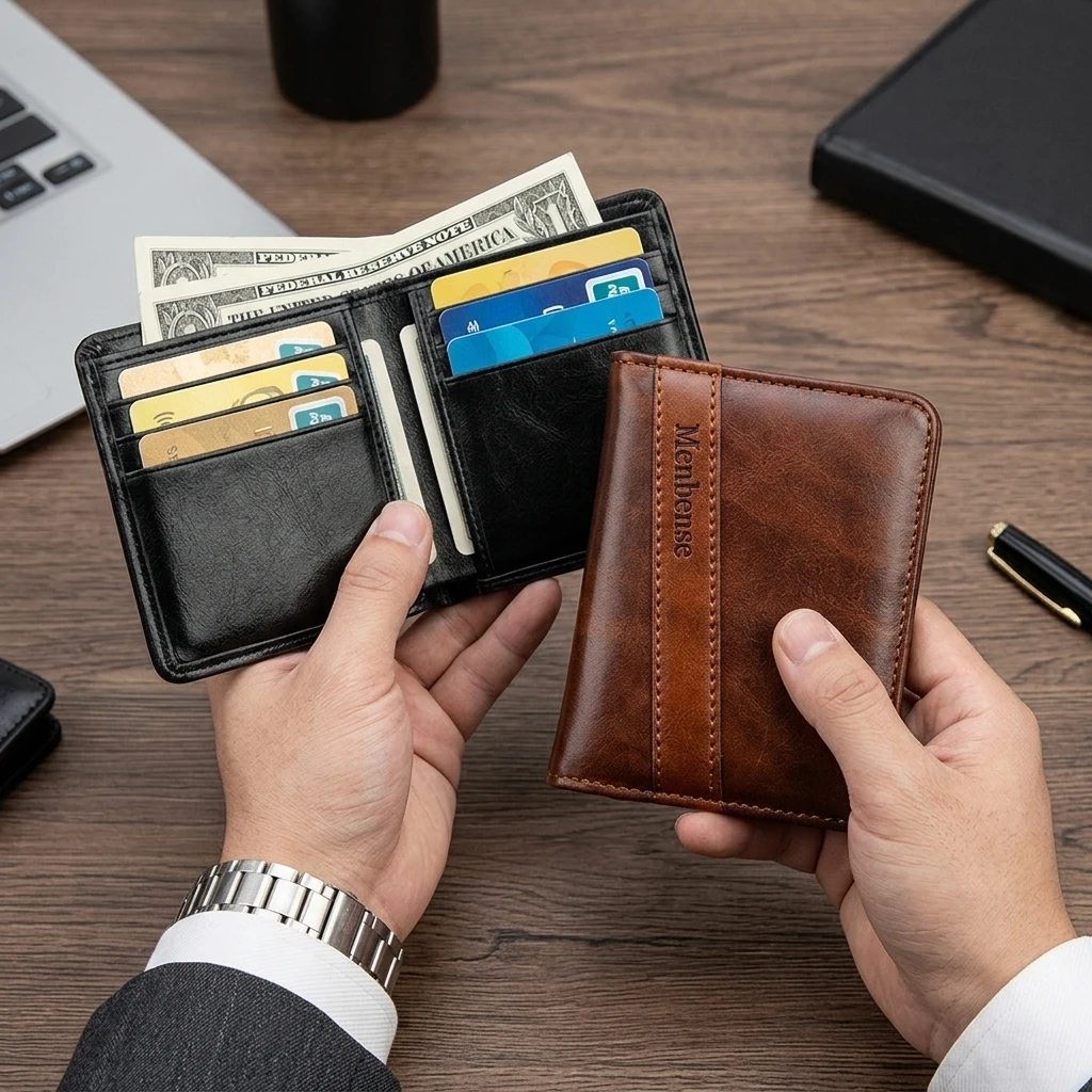 Men'S Slim Pu Leather Wallet Rfid Blocking Card Holder With Id Window Minimalist Bifold Wallet Gift For Father'S Day Birthday