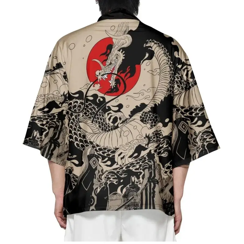 Summer Japanese Style Anime Dragon Print Cosplay Haori Yukata Top Adult Traditional Samurai Loose Kimono Cardigan for Men Women