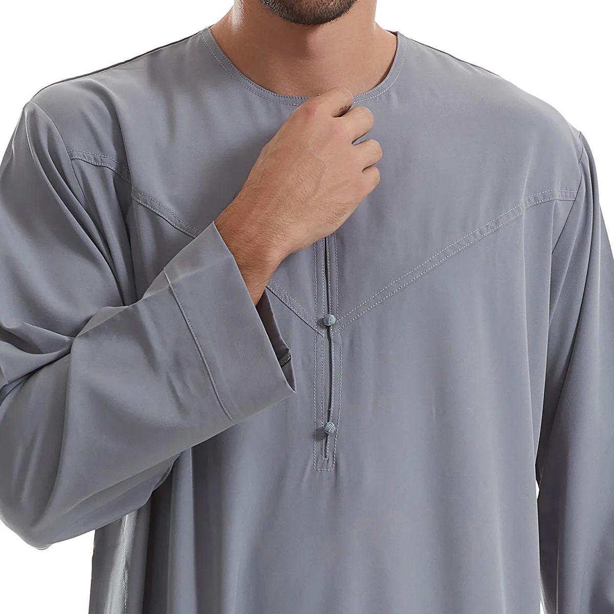 Middle Eastern Muslim Saudi Arabian Men's Robe Solid Color Splicing Button Long Shirt Large Round Neck Ethnic Clothing Hui Robe