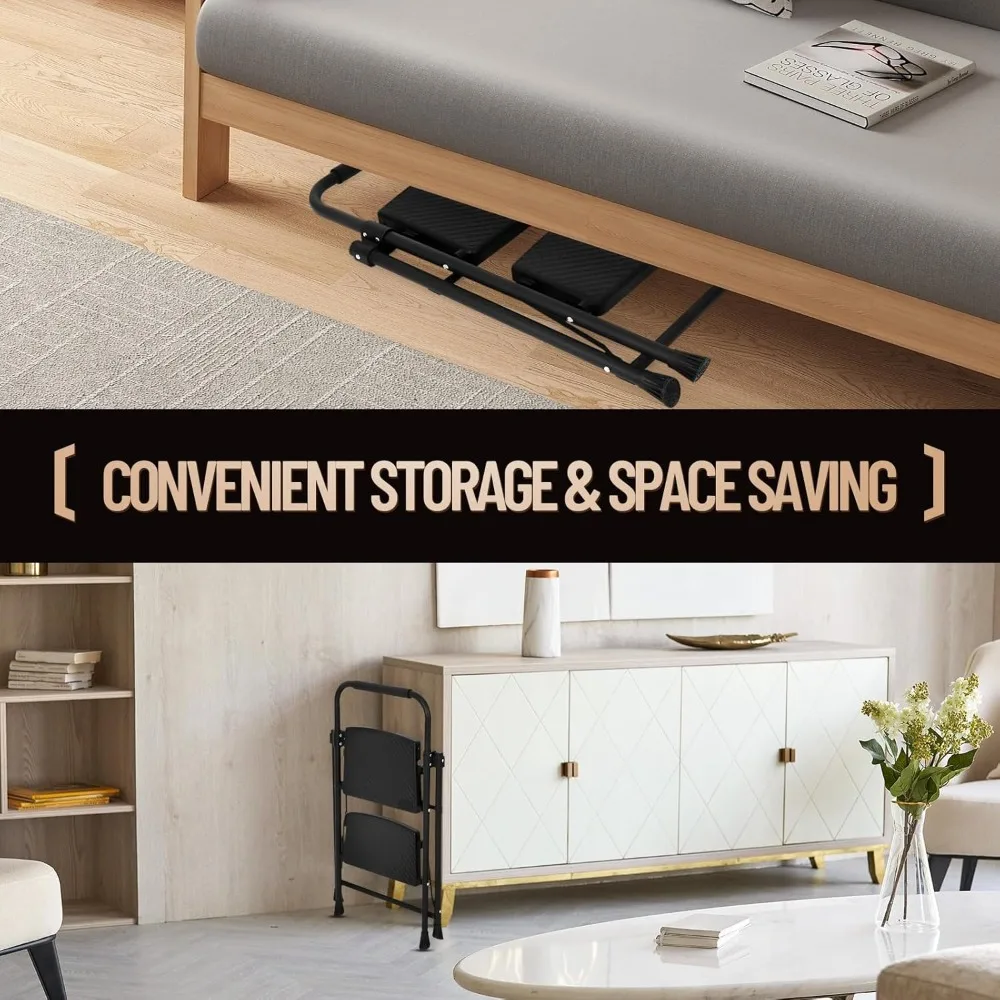 2-Step Folding Step Stool for Adults, 500lbs Capacity, Portable Steel with Anti-Slip Pedals for Kitchen & Household