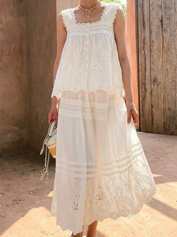 Bohemian White Square-neck Vest Top + Skirt 2-piece Set Women French Holiday Hollow Embroidery Skirt Set Casual Beach Outfits view 2