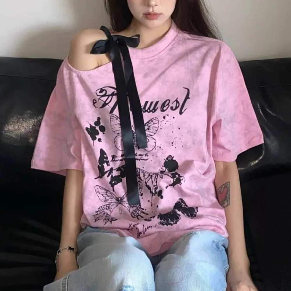 Age Reduction American Vintage Off Shoulder T-shirt Loose Half Sleeve Lace Up Print Top Female Minority Bow Korea Mujer