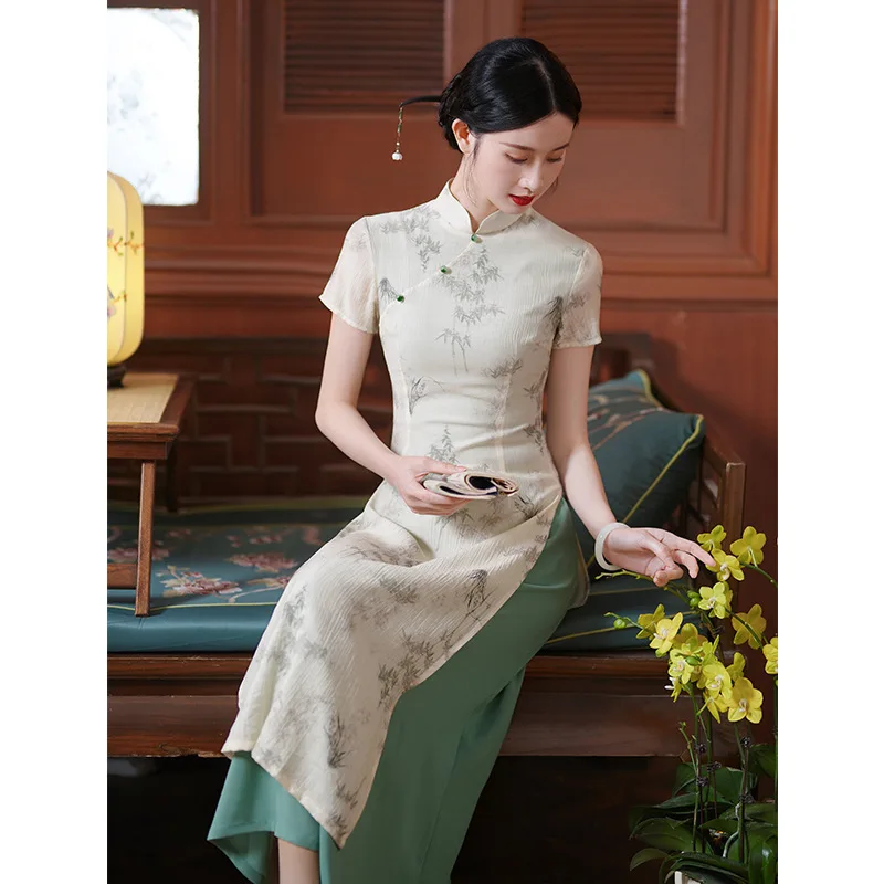 

Женское Ao Dai Qipao, элегантное сетчатое платье, длинный воротник-стойка, костюм Cheongsams, улучшенное платье Cheongsams, новое платье в китайском стиле