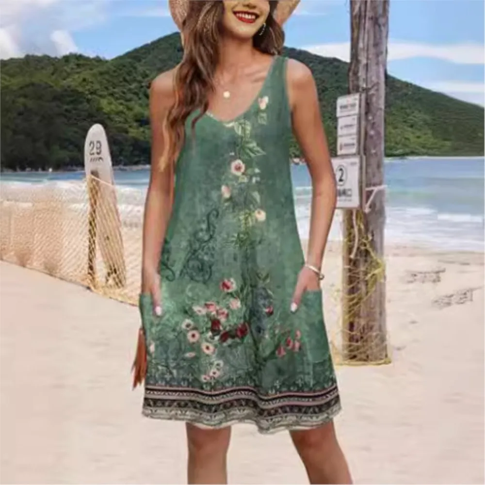 2025 여름 캐주얼 탱크 탑 스커트 포켓 여름 보헤미안 비치 스커트 꽃 티셔츠 드레스 Damen 모드 짧은 드레스