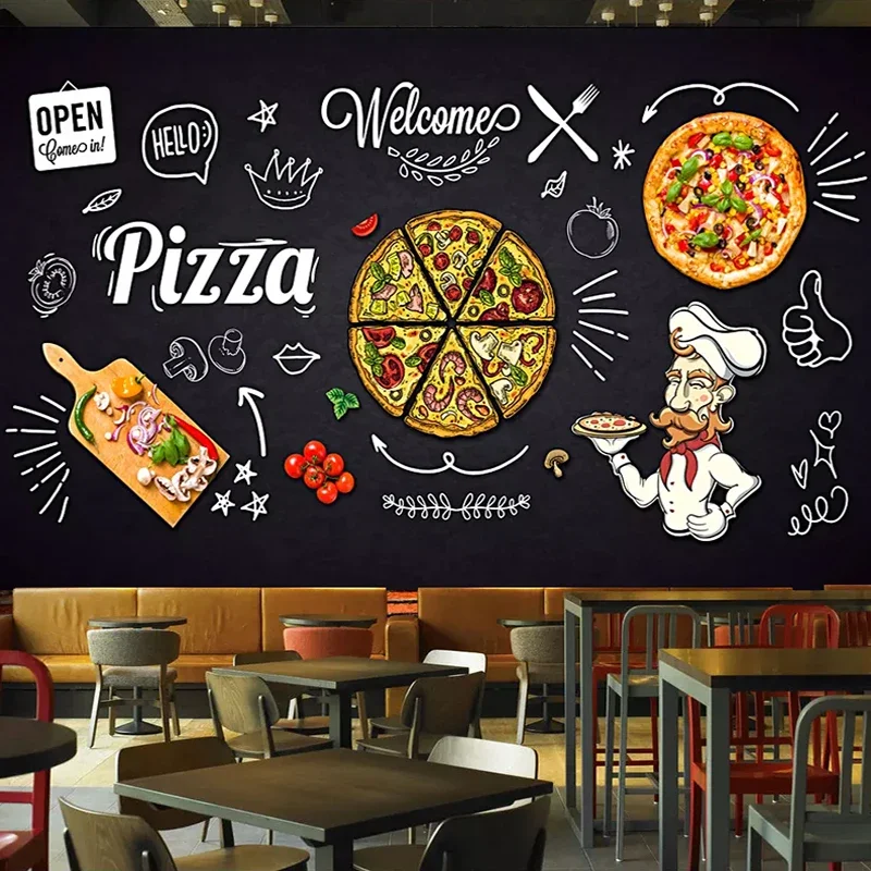 Papel pintado a mano personalizado 3D papel pintado a mano negro tienda de Pizza restaurante comedor decoración impermeable autoadhesivo pared pegatina Mural