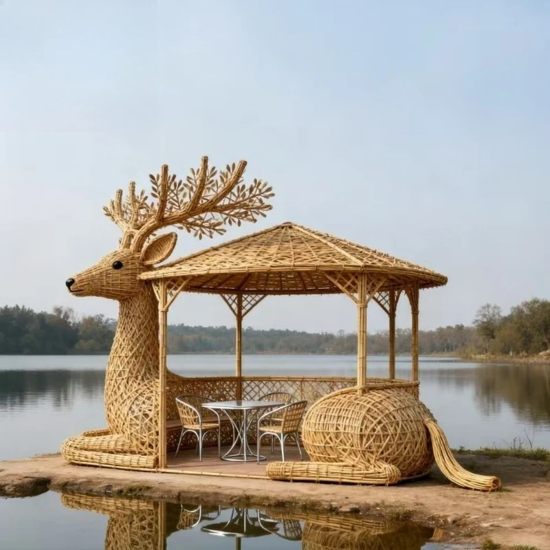 Deer shape rattan gazebo garden municipal lakeside clock in hut rest stove tea gazebo