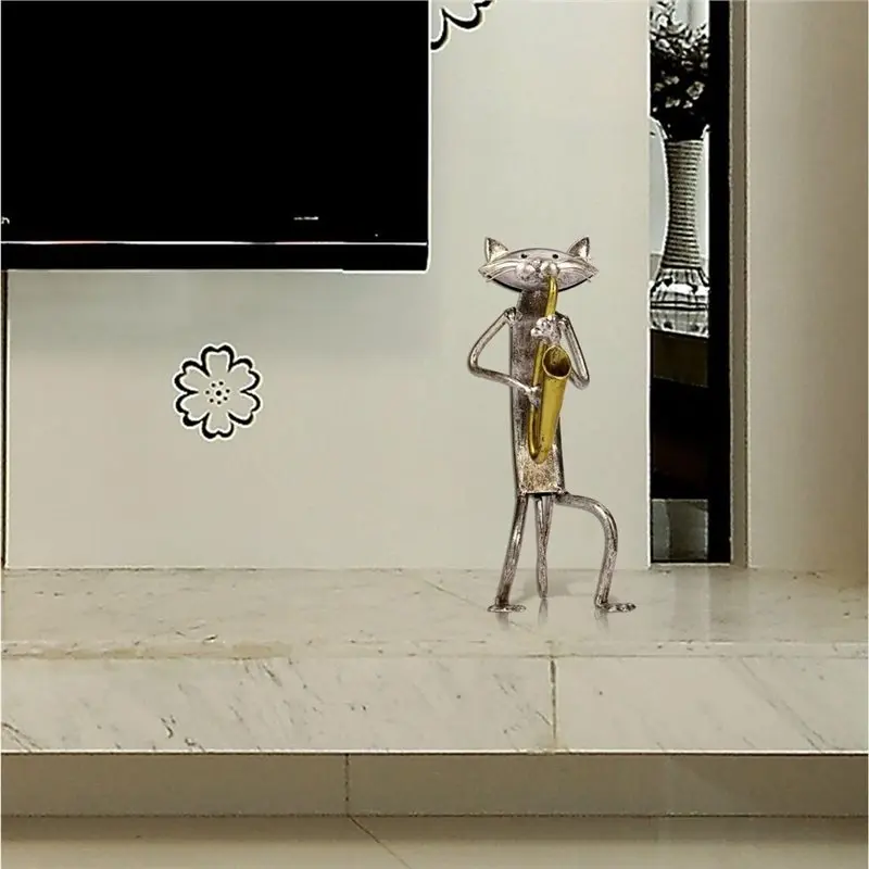 ABGR-A Playing Saxophone Cat Metal Sculpture Statue Handwork Handicrafts, Funny Design, Decorative Gifts, Desktop Ornaments