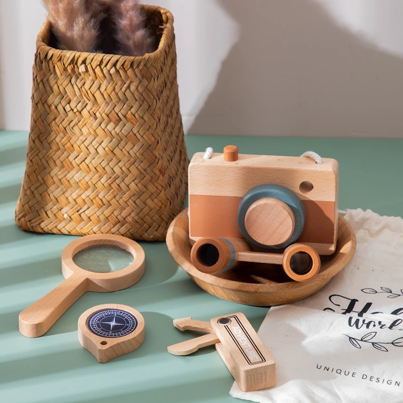 

Baby Wooden Montessori Outdoor Adventure Toys Wood Camera Magnifier Telescope Compass Toy Cognitive Educational Puzzle Game Gift