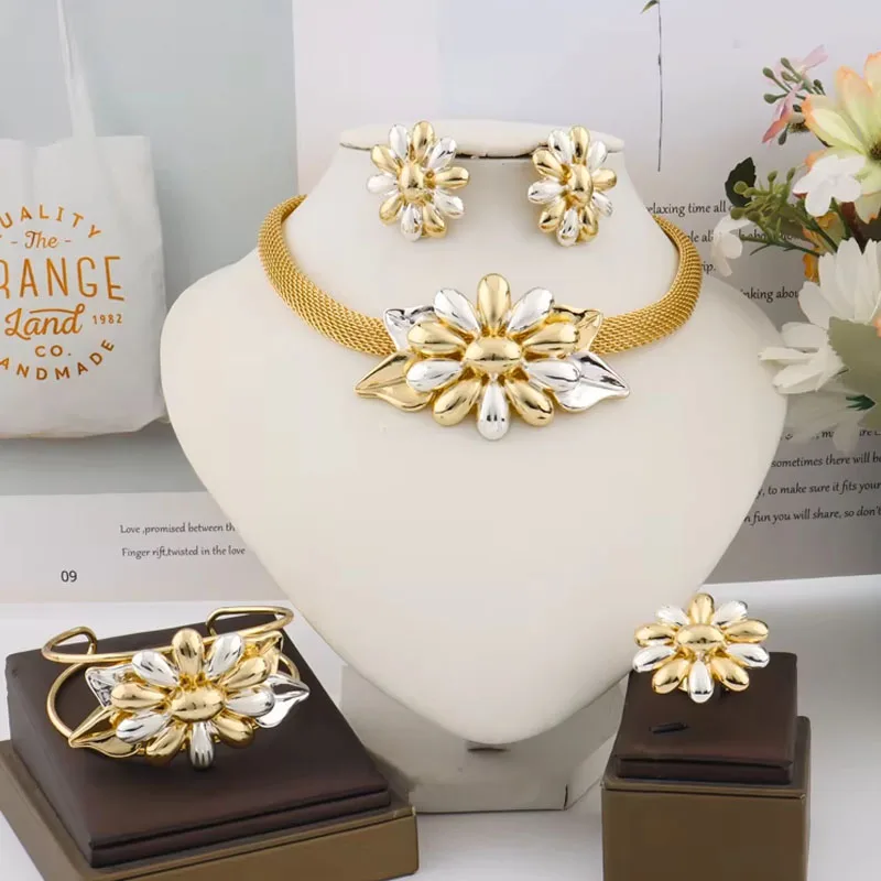 

Gilding 4pcs Jewelry Set African Luxury Flower Necklace Earrings Bangle And Ring Exaggerated For Women Jewelry Gift New Popular