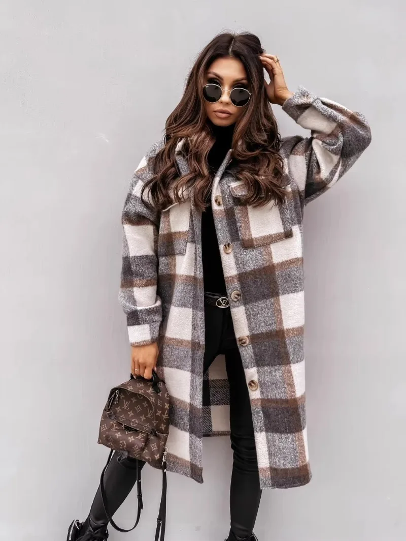 Autumn &winter Fashion Button Style Coat Checkered Printed Long Sleeved Shirt Jacket Elegant Comfortable Commuting Streetwear