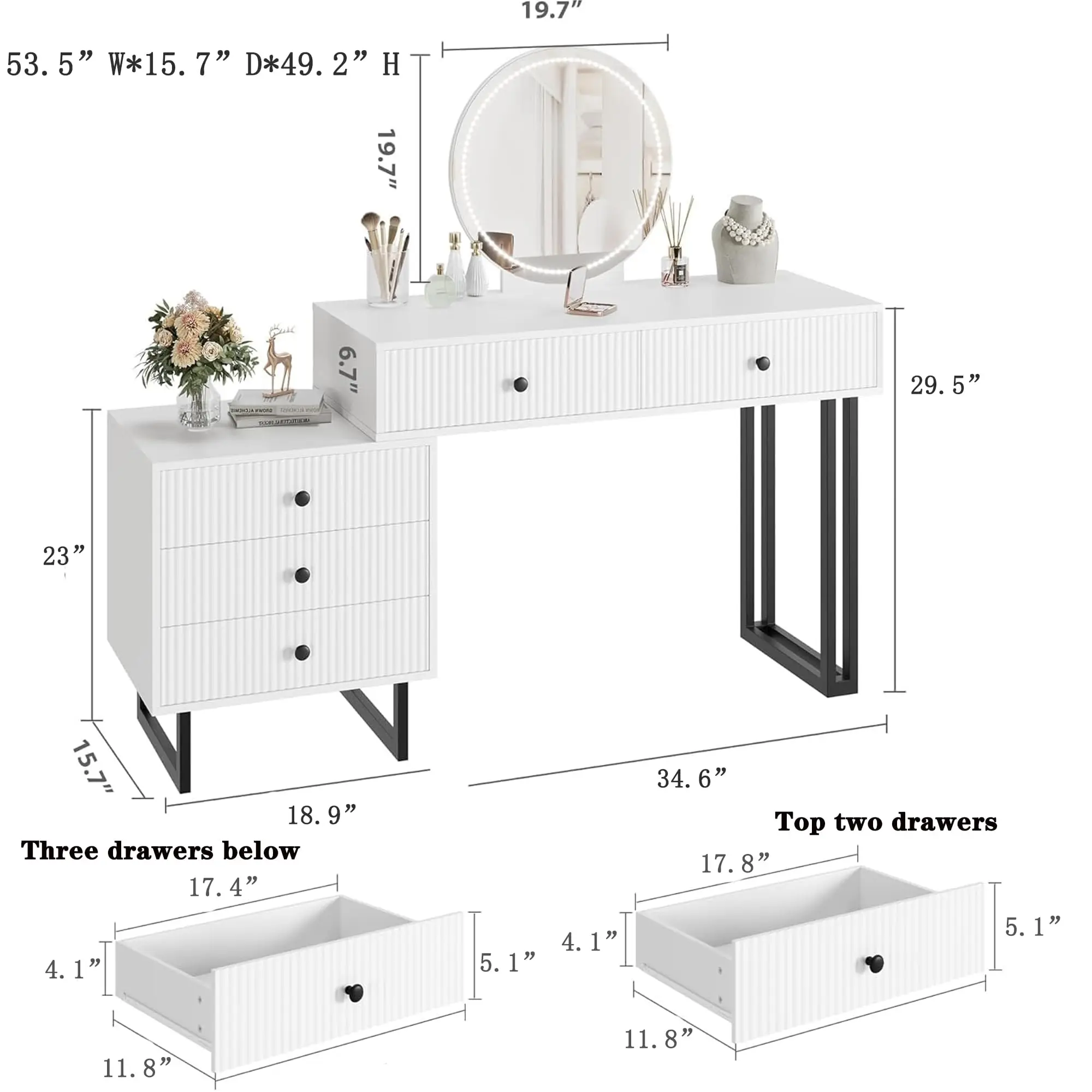 Modern Fluted Vanity Table Set with Round Mirror, Makeup Dressing Table with Side Cabinet, Large Storage Cosmetic Vanity Desk for Bedroom