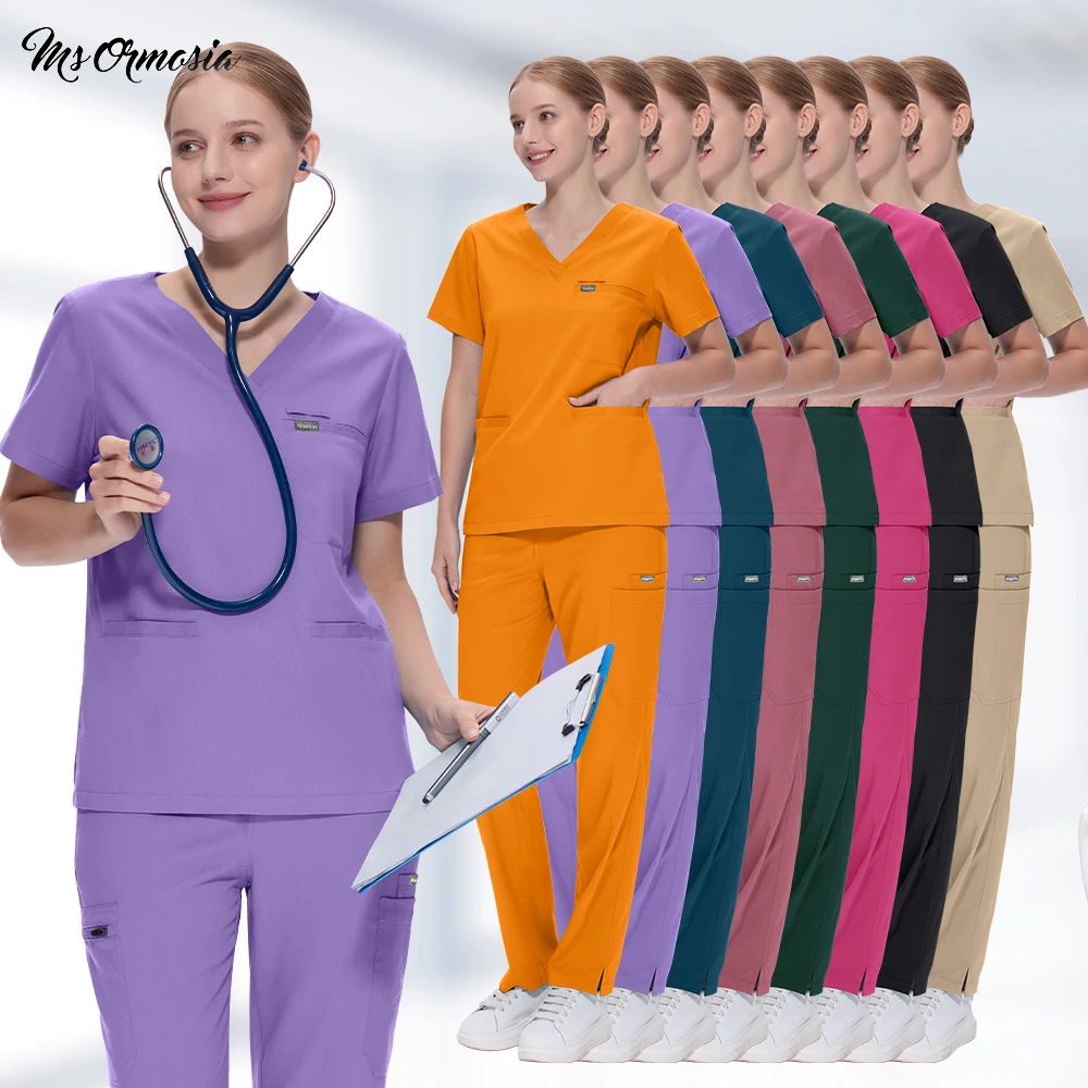 

New Operating Room Uniform Medical Nurse Uniforms Unisex Pockets Top Pants Surgical Workwear Hospital Dentist Nursing Scrubs Set