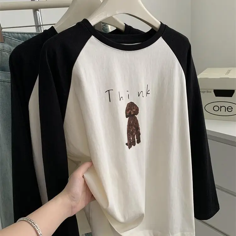 Fun Cartoon Kitten With Shoulder Sleeves T-Shirt For Women In Early Autumn, Fashionable And Slimming, Versatile Snowflake Cotton