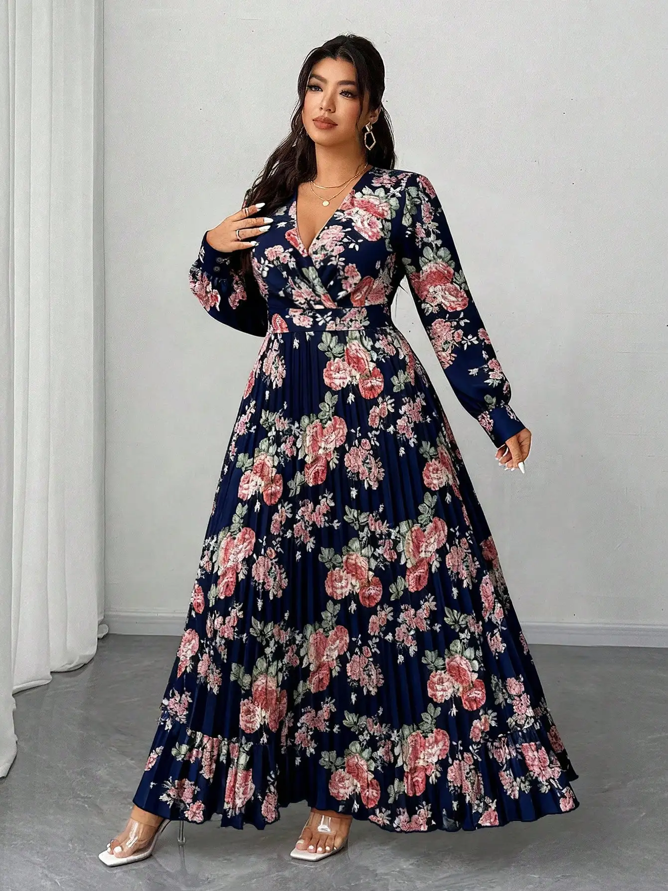 

Элегантное плиссированное макси-платье с цветочным принтом, длинными рукавами и V-образным вырезом для вечеринок, свадеб и особых случаев (весна-осень)