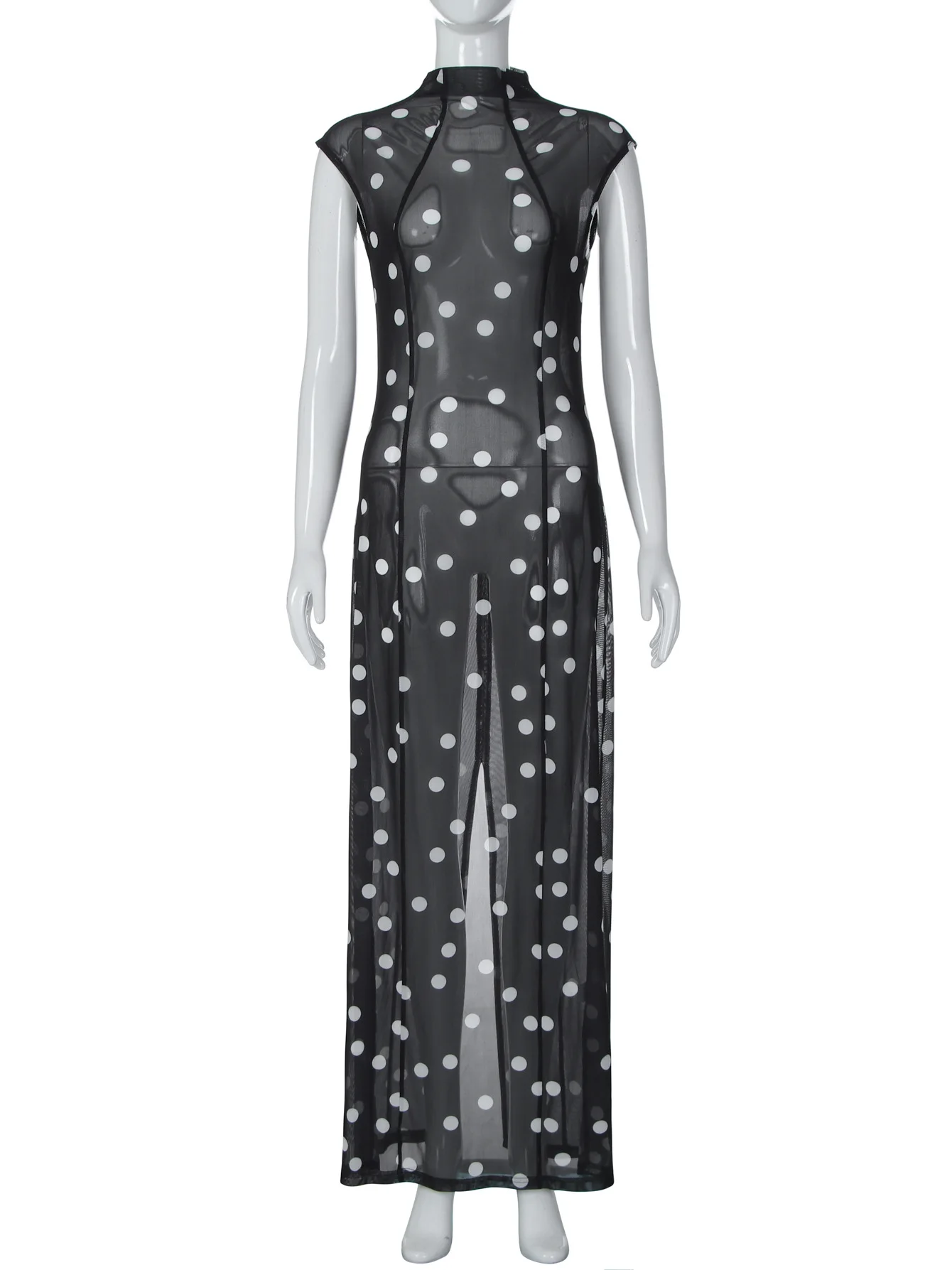 Sexy Polka Dot Long Dress for Women Transparent Turtleneck Slit Maxi Curvy Dresses Evening Party Black New Club Holiday Vacation view 6