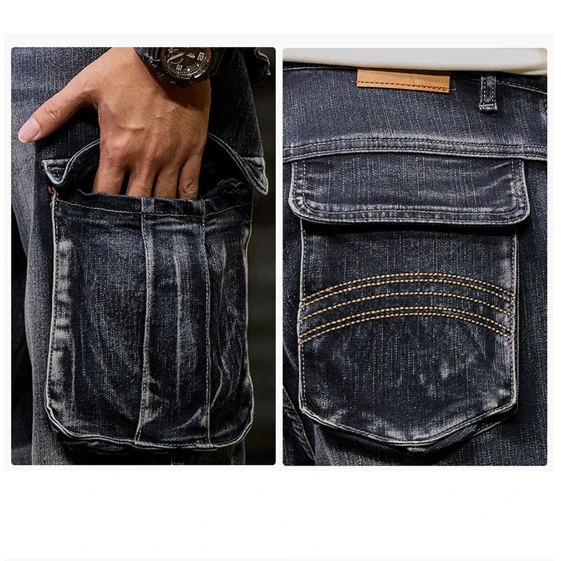 2025 Herren neue elastische amerikanische Retro-Multi-Pocket-Arbeiter für Denim-Herrenhosen, lockere, große, dreifarbige Hosen