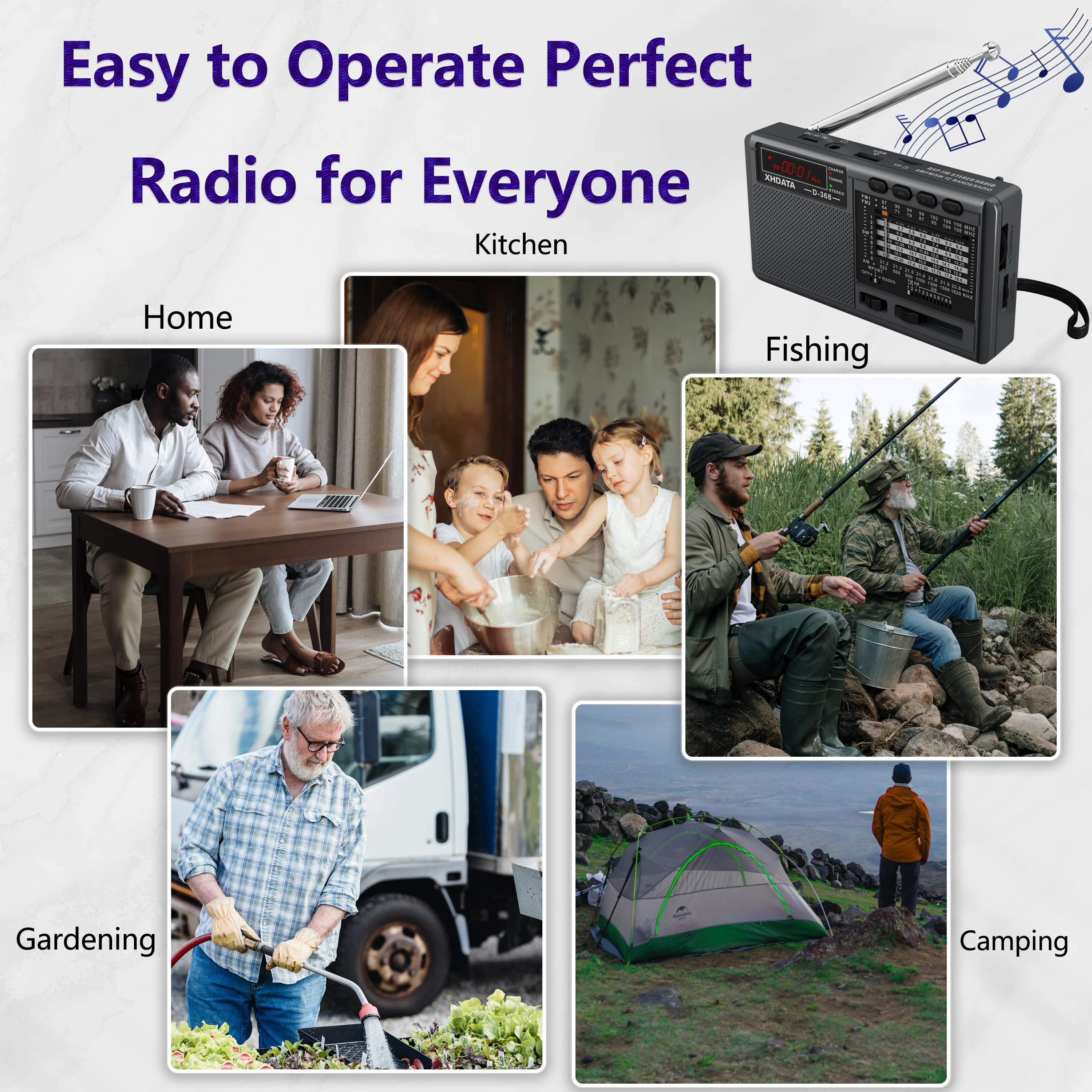 XHDATA D-368 Portable Stereo Radio FM AM SW MP3 Player with Bluetooth TF Card USB Playback 4Ω 3W Speaker Rechargeable Battery image 6