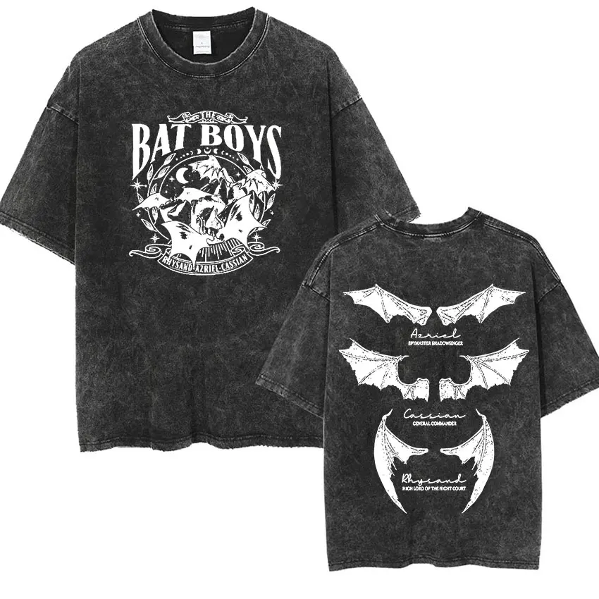 Vintage Washed The Bat Boys Rhysand Azriel Cassian Print T Shirts Men Women Hip Hop Fashion O-Neck Oversized T-shirt Streetwear