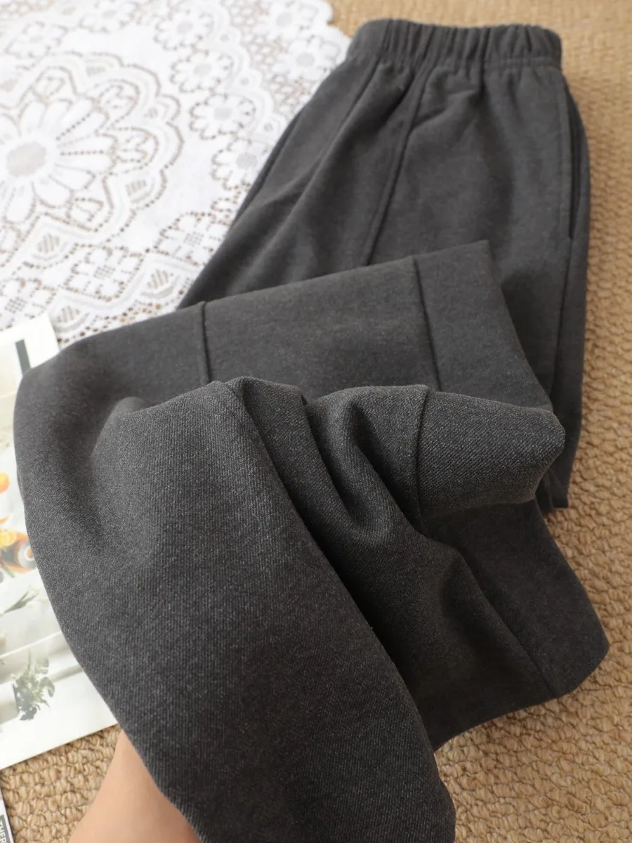 Authentic Woolen Straight Leg Casual Pants Women's Autumn Winter Fleece Lined Loose Wide Leg Pants Slimming Effect
