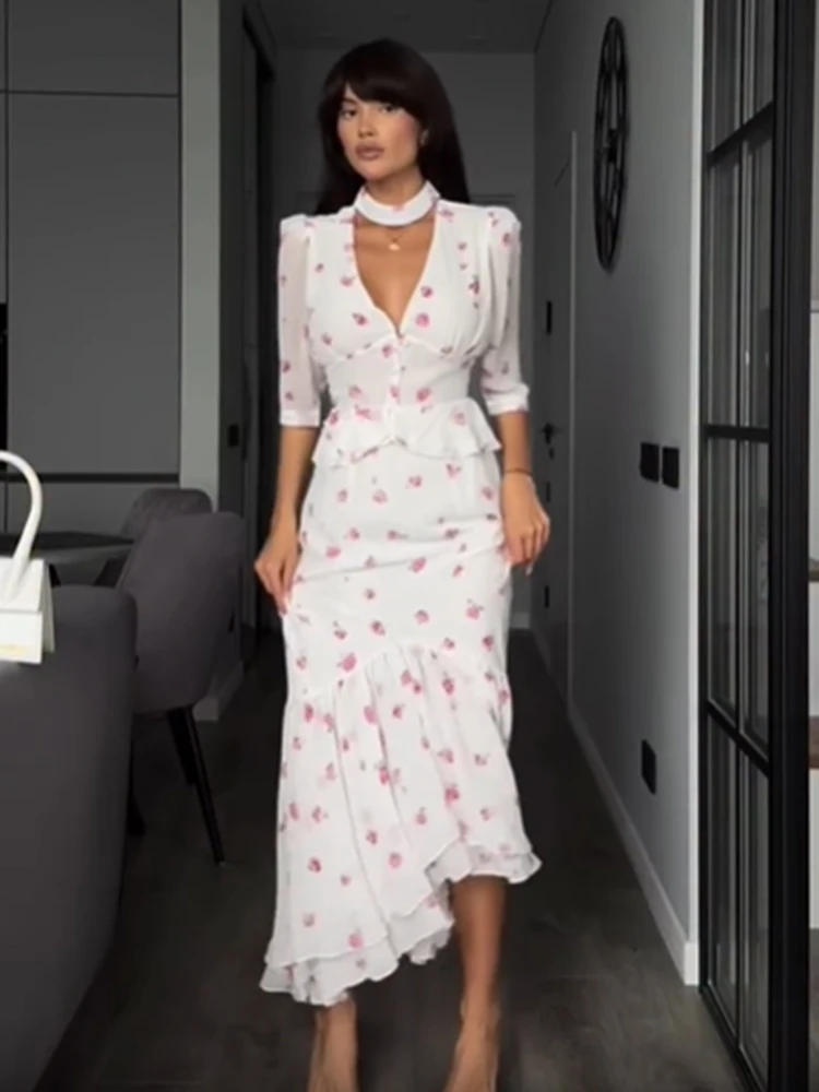 Women White Pink Floral Choker Neck Midi Dress Elegant V-neck 3/4 Sleeve Peplum Ruffle Hem Cusual Dress Fitted Cocktail Dresses view 3
