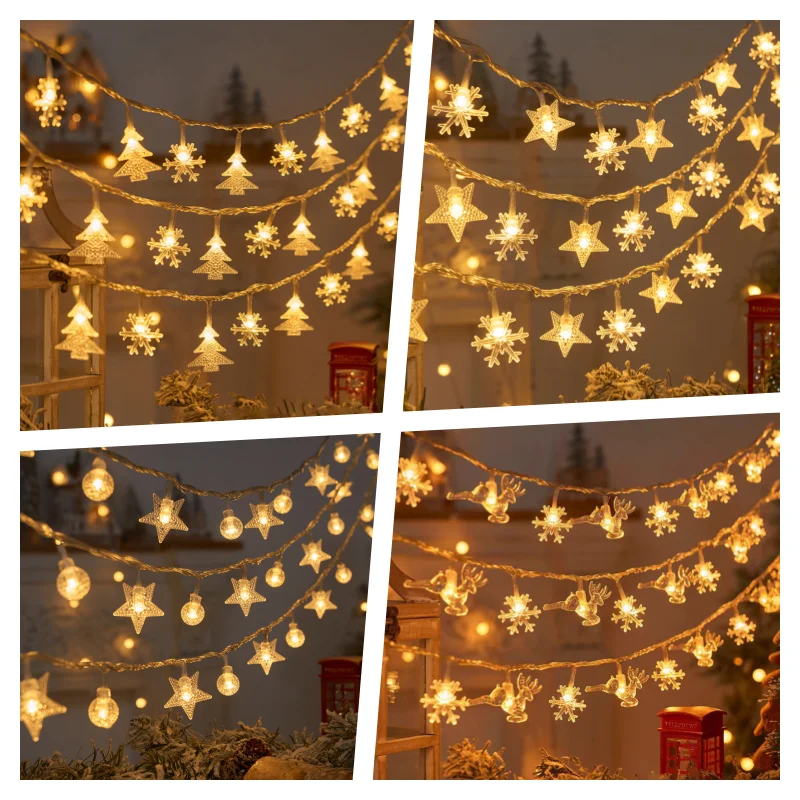 LED Snowflake Light Garland Stars Fairy Light Battery-operated Xmas Tree Elk Decorativa Garland Party Wedding New Year\'s Decor