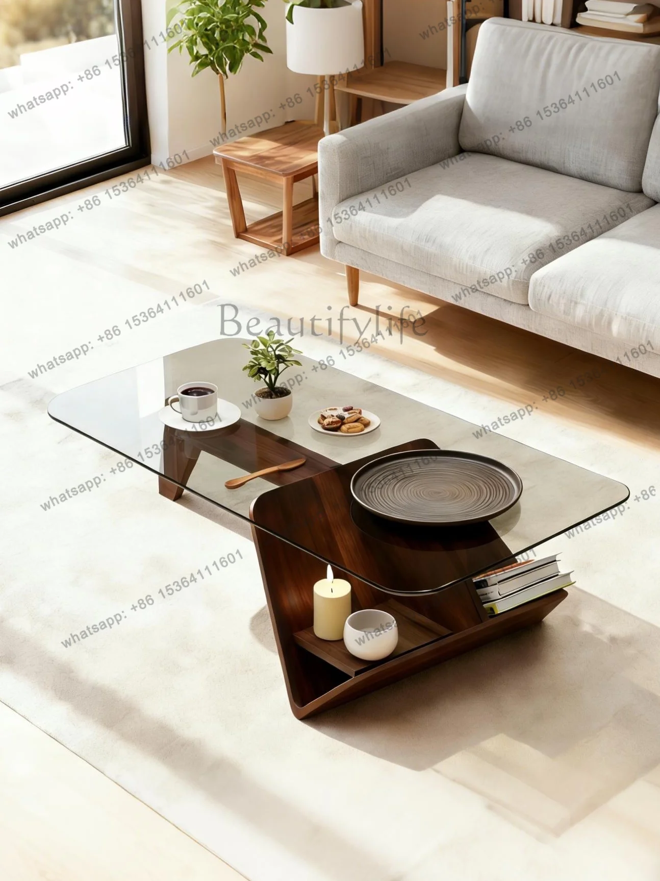 Factory Direct  simple modern tempered glass coffee table solid wood living room home light luxury minimalist style office coffe