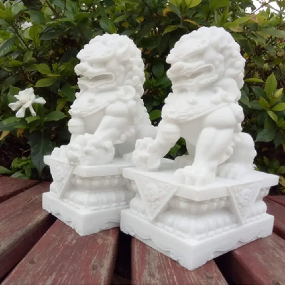 1 SET Exquisite Carving White Marble Dogs Guardian Lions Statues Home Decor Decorative Objects