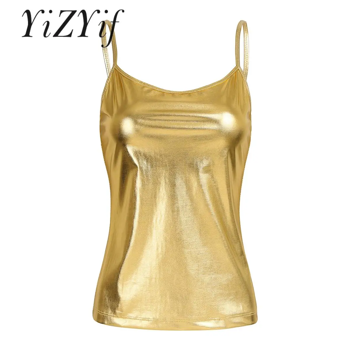 

Women Camisloe Spaghetti Shoulder Straps Sleeveless Tank Top Shiny Metallic Jazz Pole Dance Top Lingerie Undershirt Clubwear