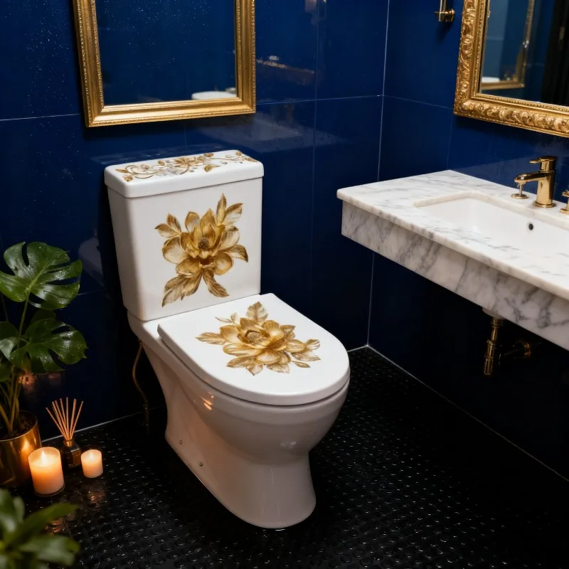ACC36112 New Gold Diamond Flower Toilet Seat Sticker Self Adhesive Waterproof Decal for Bathroom and Restroom Decoration