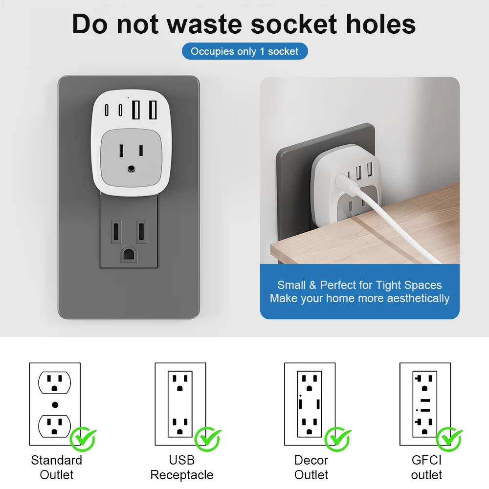 KOSHARE EU To US Plug Travel Adapter With 1 Socket Outlet Surge Protector 2 USB And 2 Type-C  Fast Charger For Home Travel