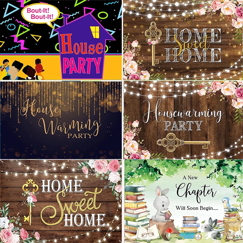 House Moving Warming Party Decoration Home Sweet Banner Backdrop Photography Key Shining Lights Floral Wooden Floor Wedding