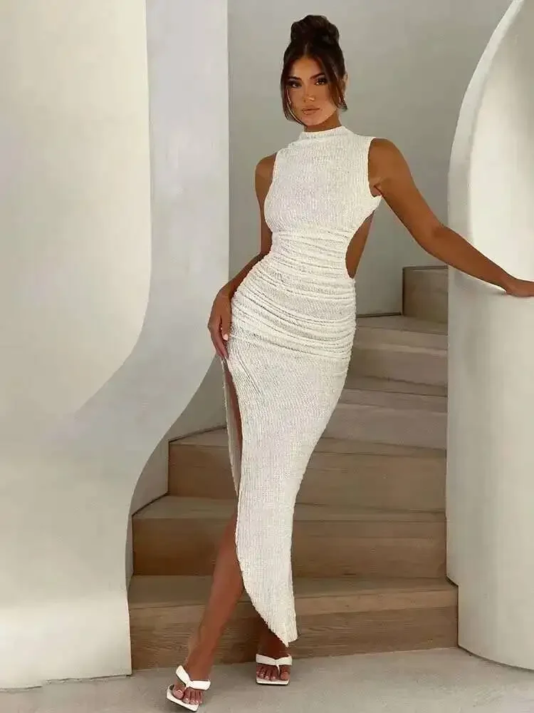 플리츠 디자인의 우아한 미디 롱 바디콘 드레스 여성용 드레스 스플릿 백리스 나이트클럽 섹시 파티 드레스