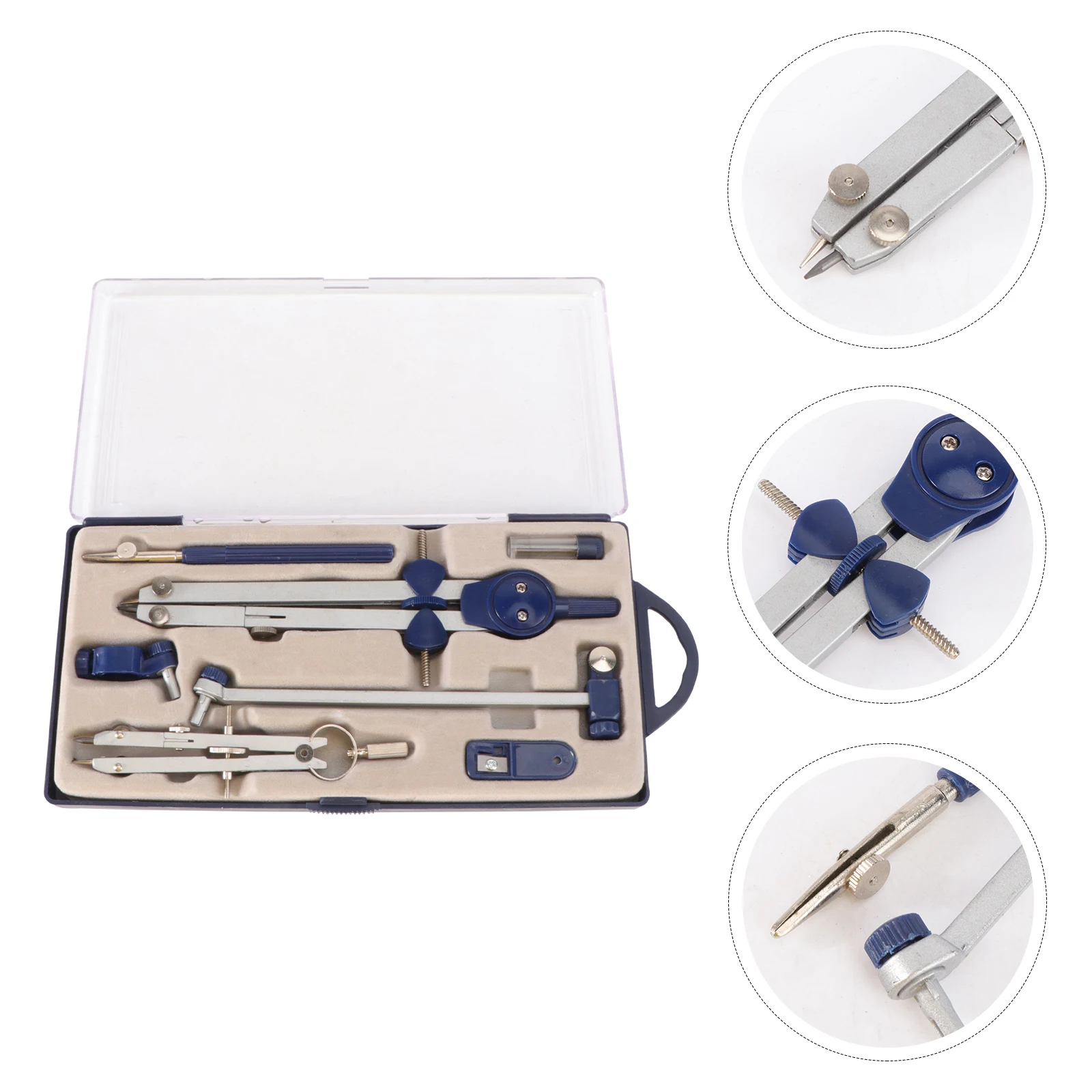 Metal Drawing Compass Geometry Tool Drafting Student Office Shiny Plated Screw-Mount Design Storage Case Pencil Included