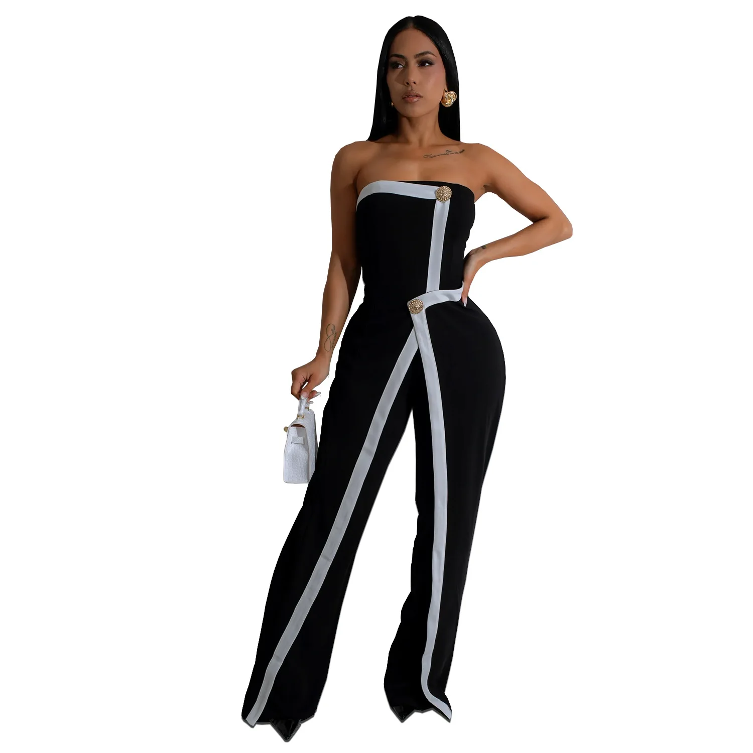 EINY Chic Women's Elegant Button Sleeveless Strapless Irregular Jumpsuits 2025 Wide Leg Outfits Night Club Streetwear One Piece