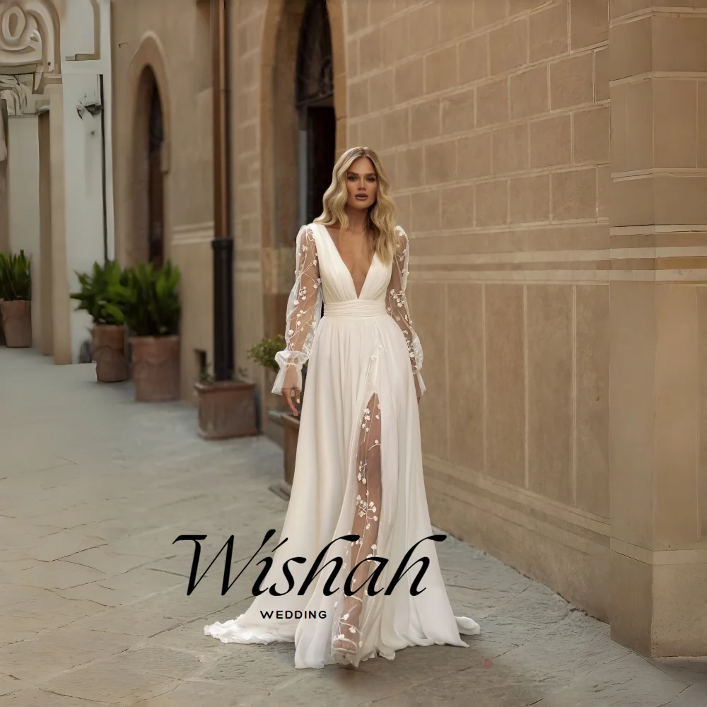 Wishah Customized Elegant White Deep V-neck Long Sleeve Backless Appliques Tulle A-line Long Bridal Gown for Wedding Party 2027