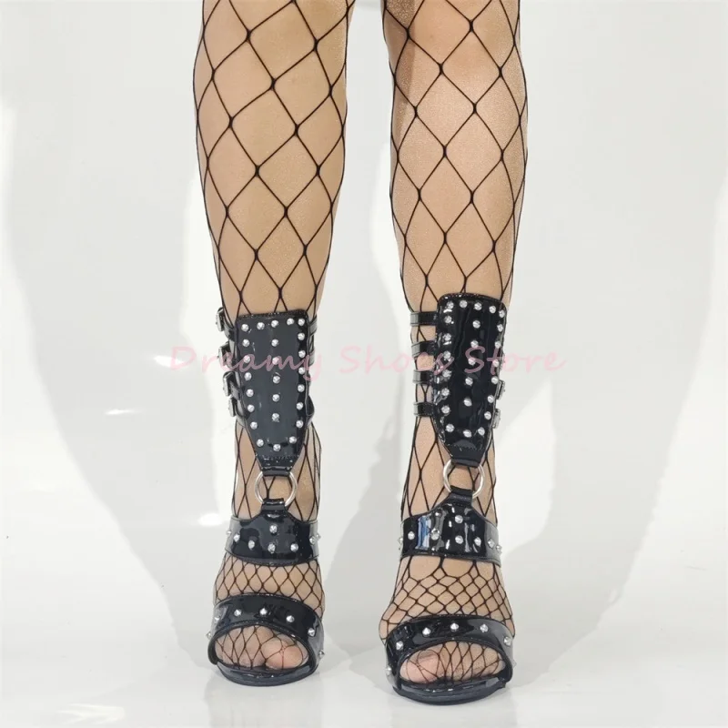 Black Rivet Metal Ring Stiletto Sandals Women Open Toe Patent Leather Buckle Strap High Heels Sexy Fashion Trendy Party Shoes
