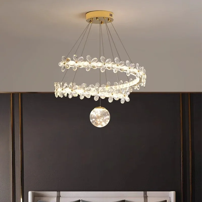

Modern crystal chandelier art simple dining table bar counter lamp designer style flower pattern bedroom room round ring lamp