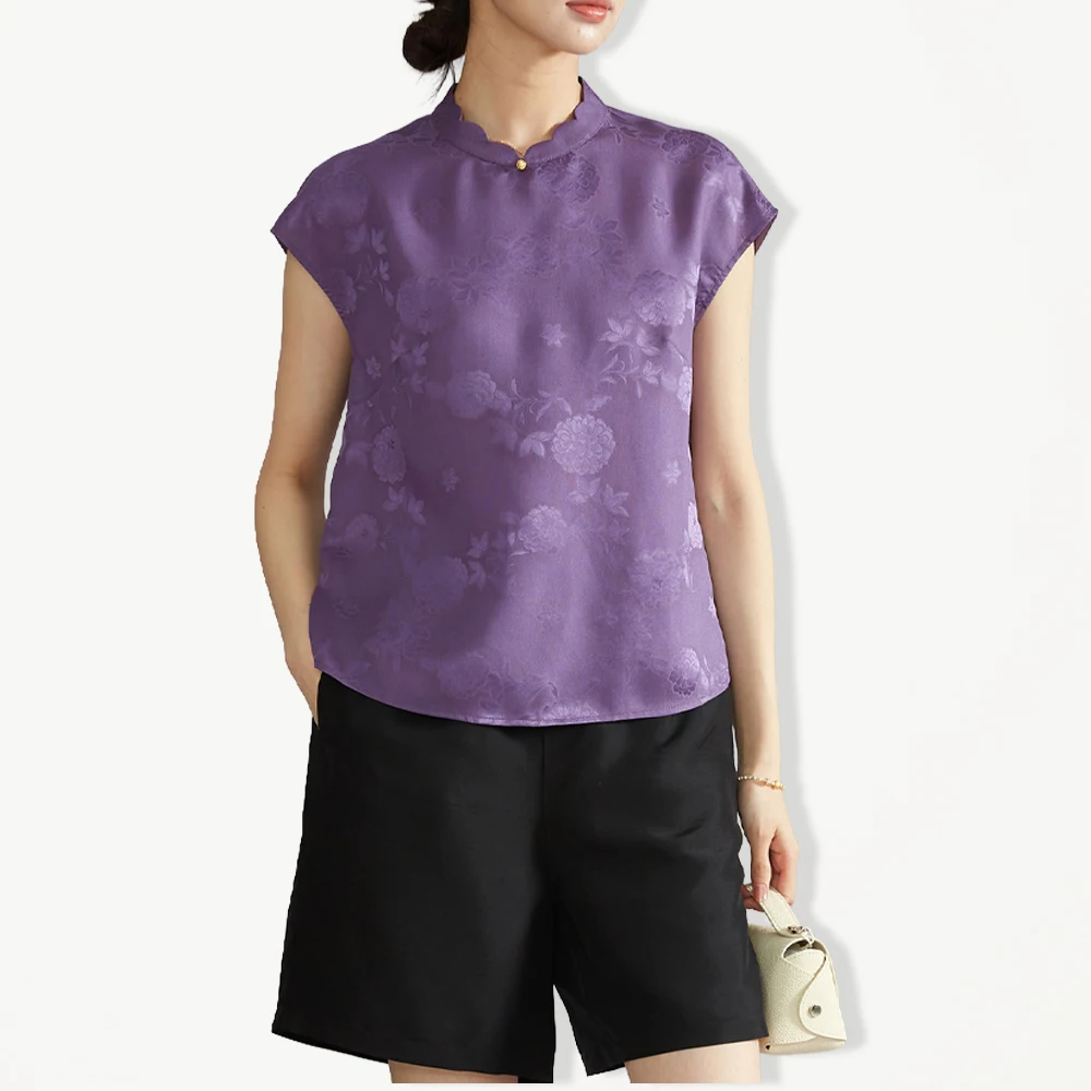 Women's Casual Summer New 100% Natural Mulberry Silk Gambiered Guangdong Gauze Jacquard Wave Neck Short Sleeved Purple T-shirt