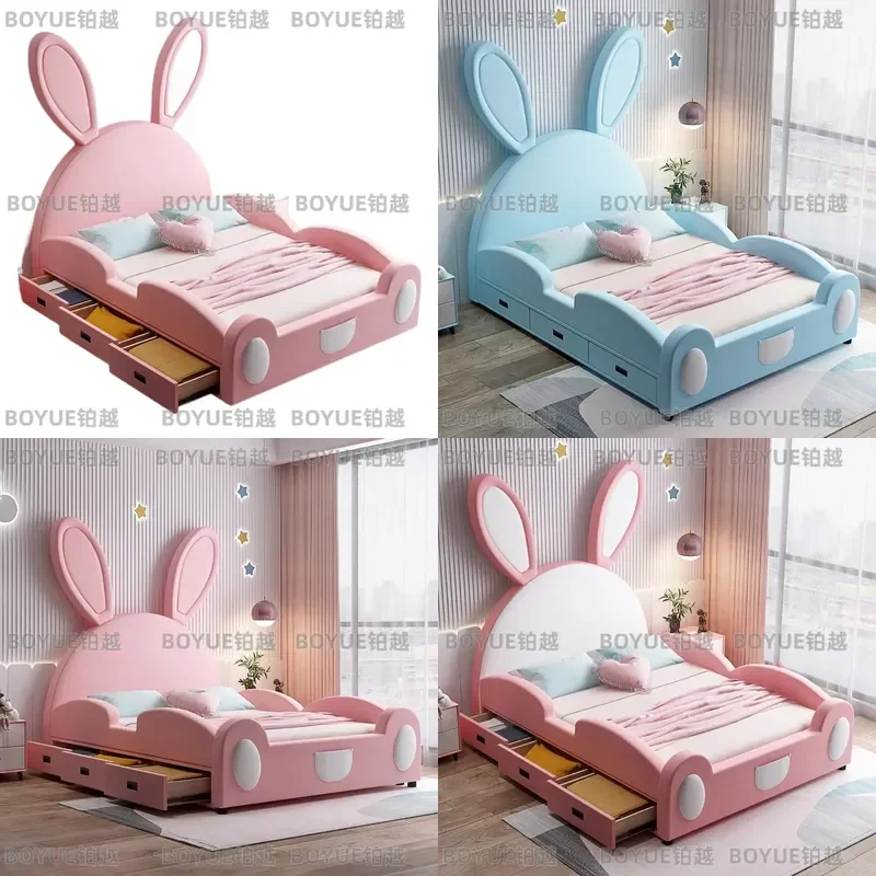 Pink Princess Bed for Girls with Guardrail and Drawer Storage Solid Wood Single Bed Cute Rabbit Design Soft Upholstered Frame