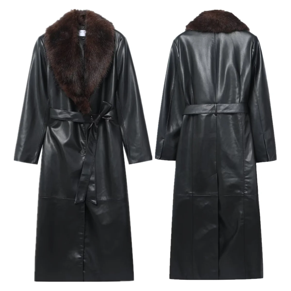 

Jenny&Dave Winter French Minimalist Faux Fur Collar Patchwork Leather Coat Windbreaker Trench Coat Women's Jacket Woman Clothes