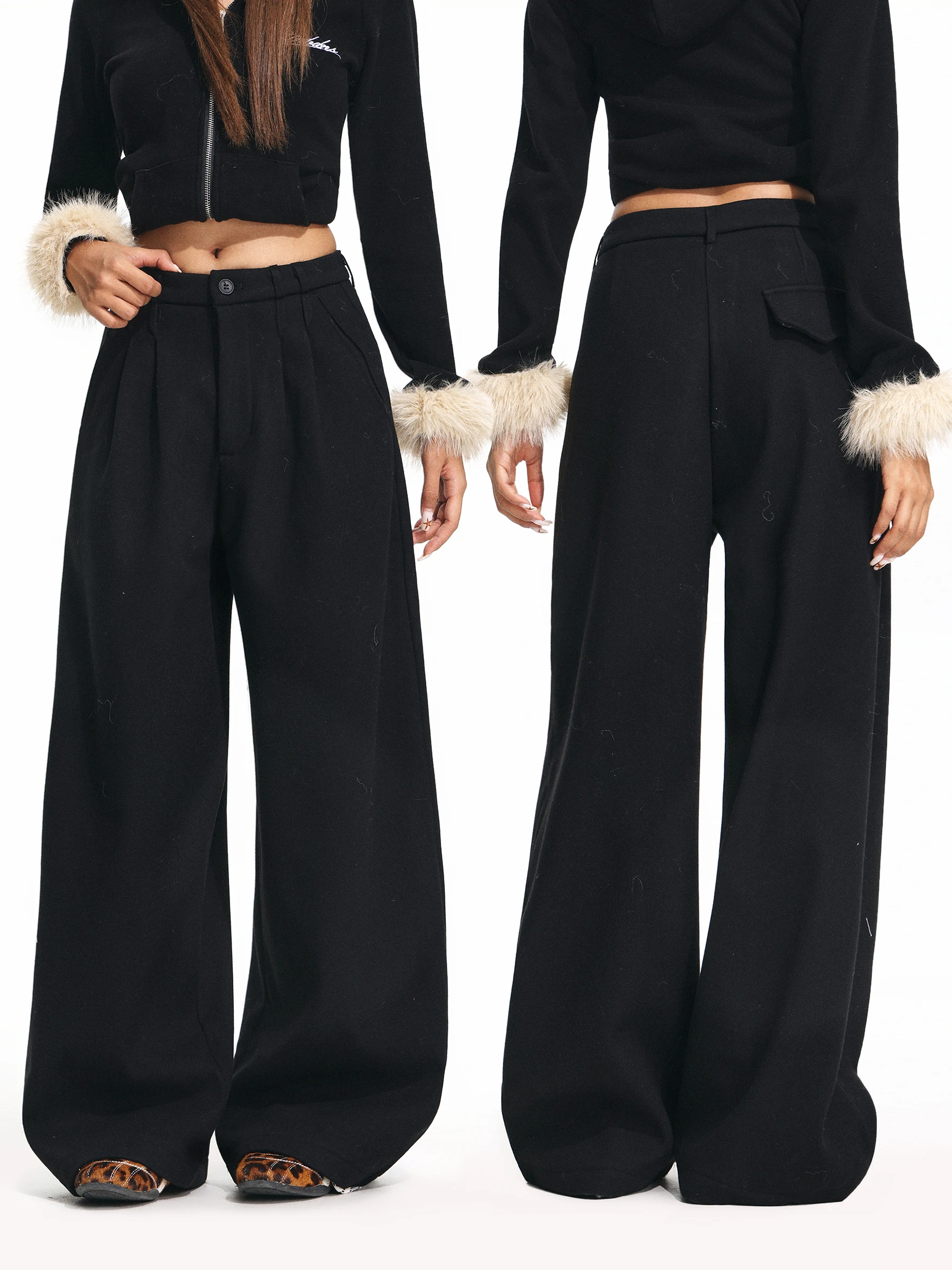 

Зимние брюки Lu Life с высокой талией и широкими штанинами на флисовой подкладке, женские свободные брюки прямого кроя, повседневные брюки Ele