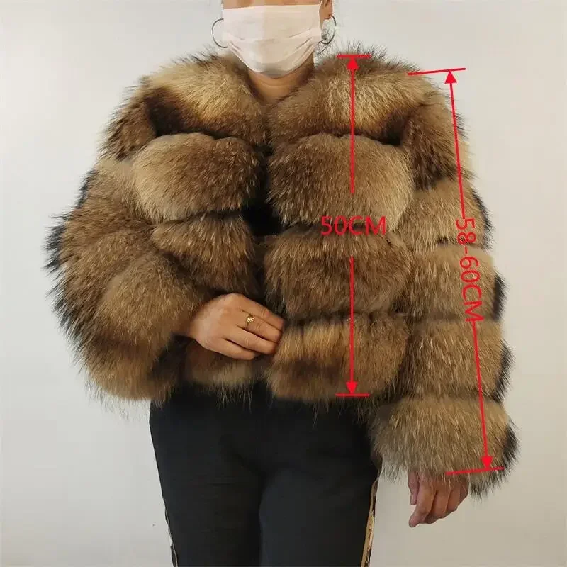 Real Raccoon Fur Coat Women Winter Long Sleeve Natural Luxury Jackets  Thick  Top