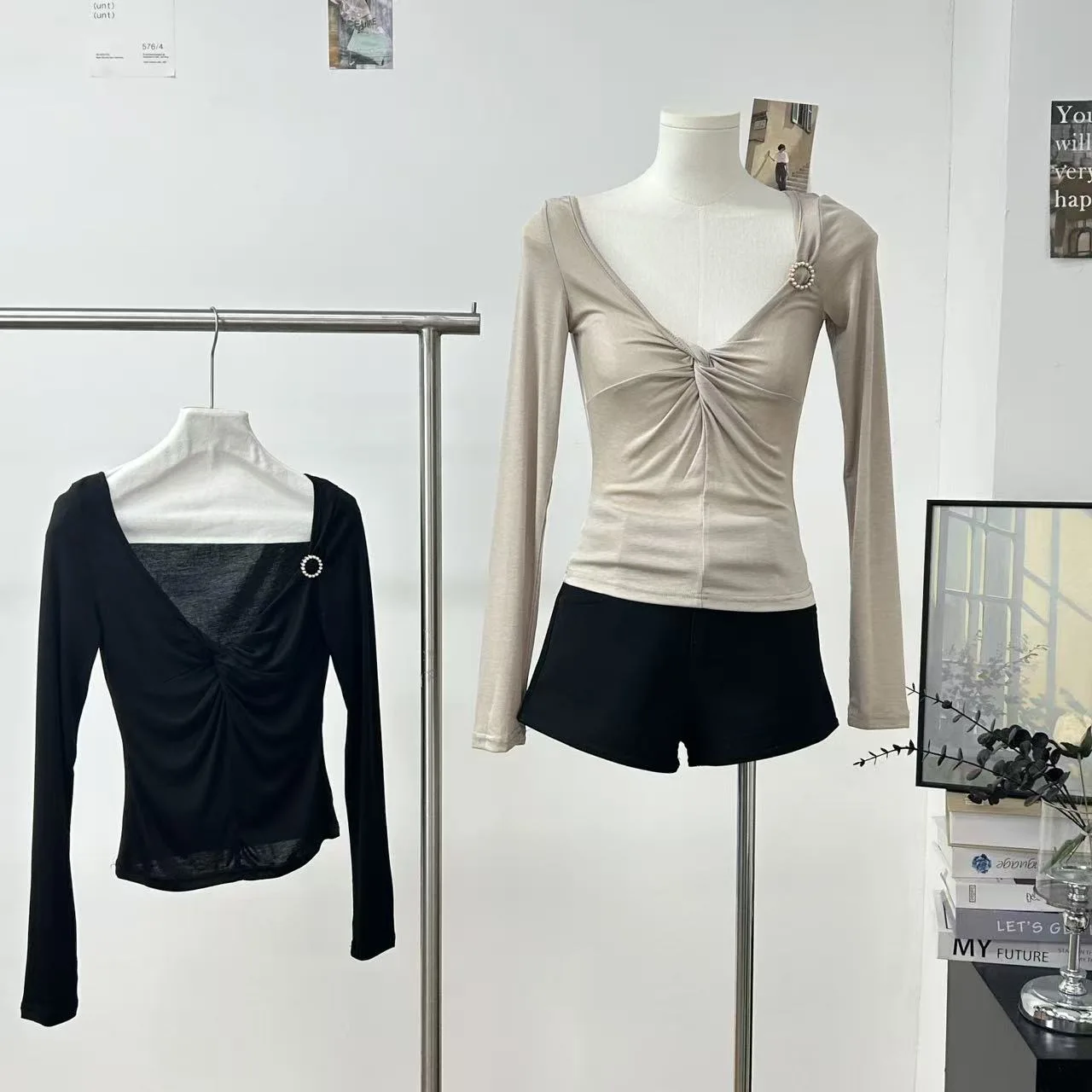 

Женская весенне-осенняя элегантная однотонная тонкая футболка с витым v-образным вырезом и длинными рукавами, женская уличная одежда, пуловер, базовая футболка