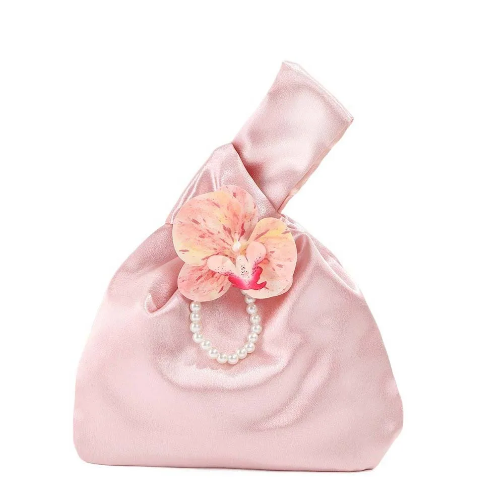 

Sweet Elegant Rose Wrist Bag Chinese Style Satin Butterfly Orchid Knot Handbag Pearl Pendant Temperament Gift Candies Bag Kids