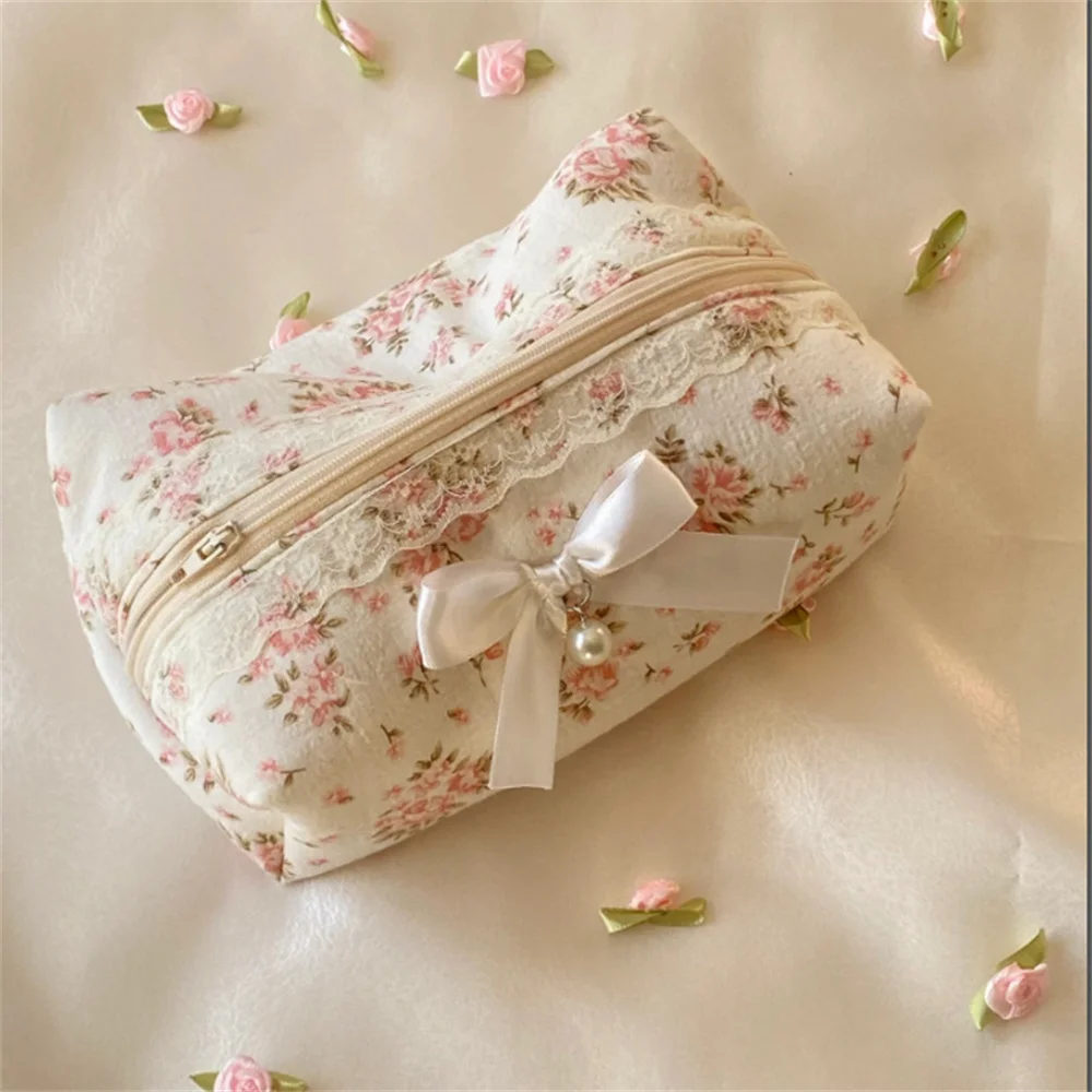 Women Lace Bow Flower Makeup Bag Large Capacity Sweet Cosmetic Organizer Travel Toiletry Storage Bag Zipper Ruffles Pencil Case
