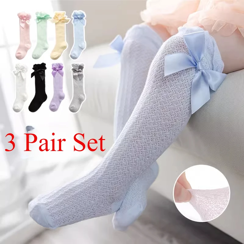 

3 Pairs Set Baby Socks Mesh Bow Baby Socks Summer Thin Anti Mosquito Bubble Mouth Vertical Stripe Mesh Eye Long Socks