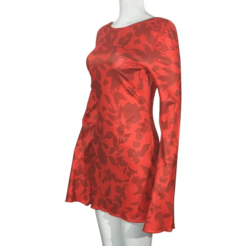 فستان Bangniweigou بدون ظهر مطبوع عليه زهور وردية صغيرة للنساء بأكمام كاملة يناسب الجميع رداء أحمر صغير أنيق