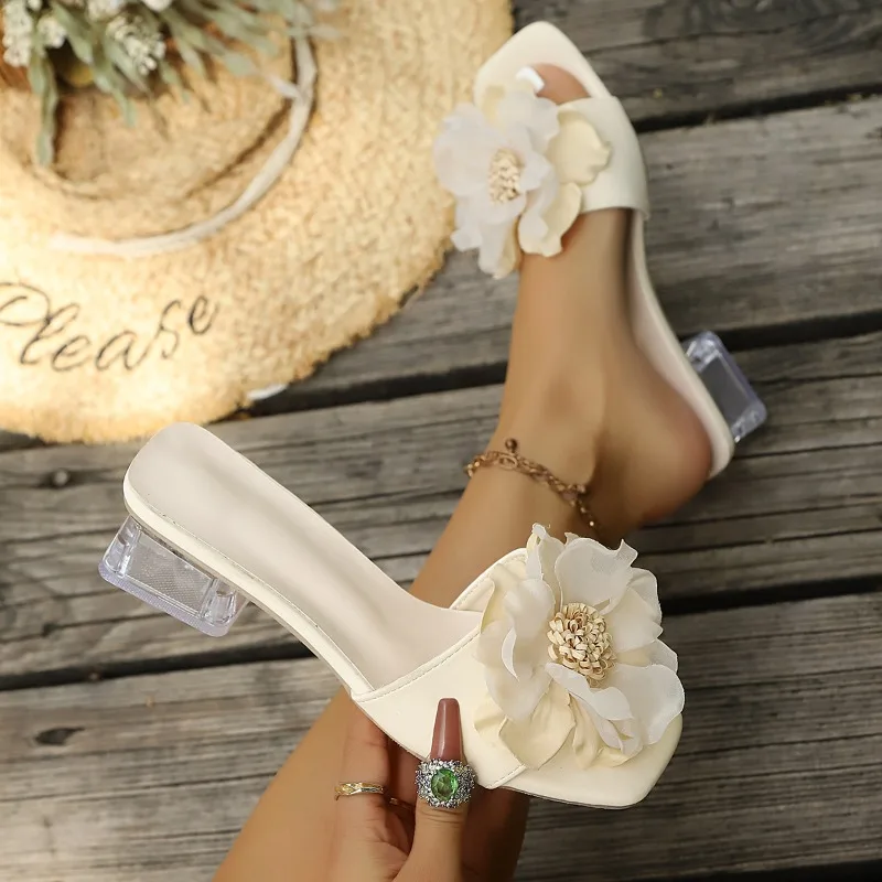 Elegant Women High Heel Sandals 2026 Summer New Flower Decor Square Head Female Shoes Casual Anti Slip Square Heel Sandals