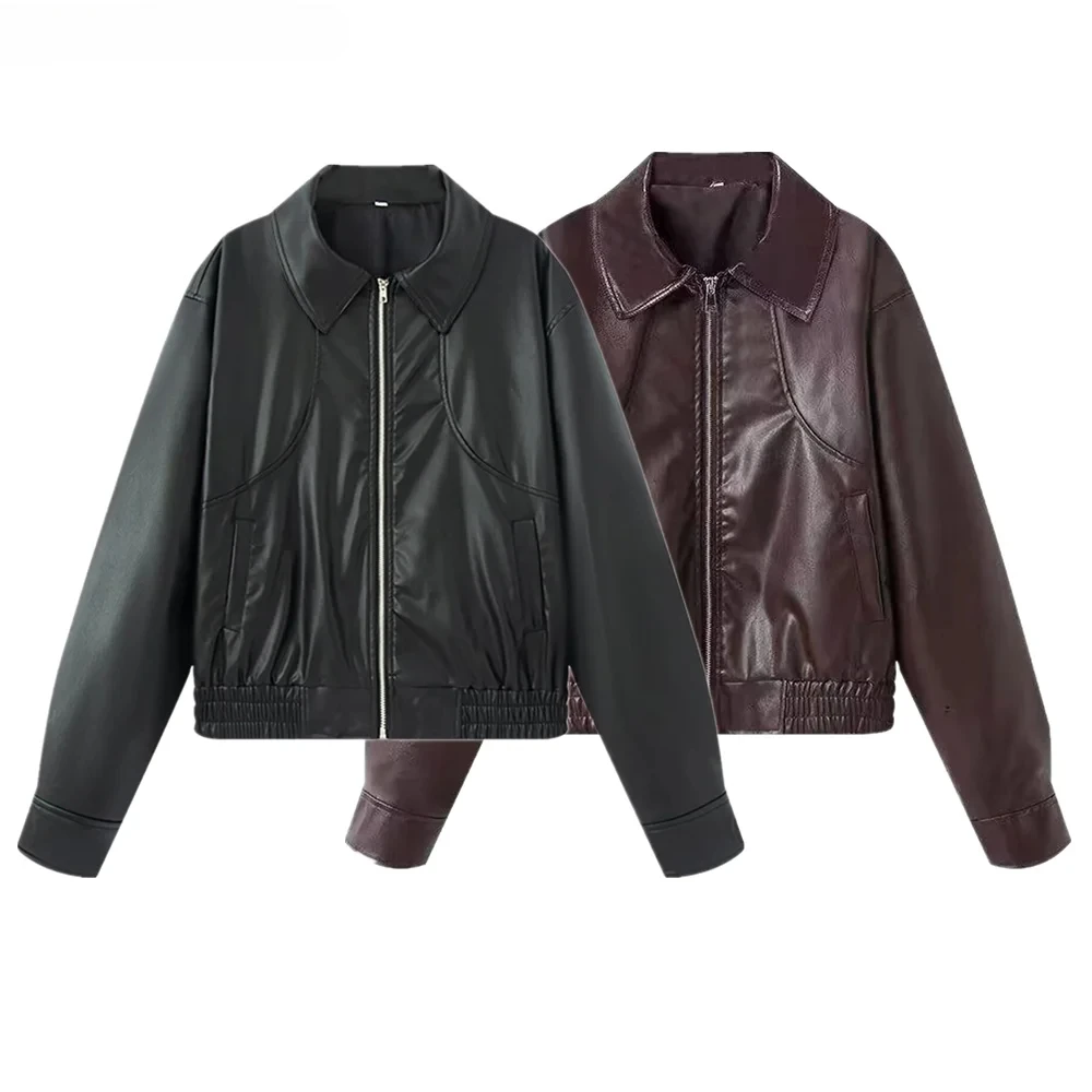 

2025 American Retro Black PU Leather Jacket The Spice Girls Lapel Elastic Hem Zipper Bomber Coat Women Y2K Loose Outerwear