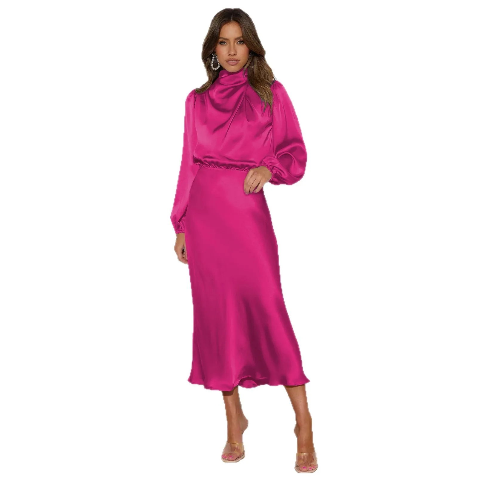 Women Elegant Long Sleeve Lantern Sleeve High Waist Satin Midi Bodycon Dress for Wedding Guest Party Prom Wedding Party Guest